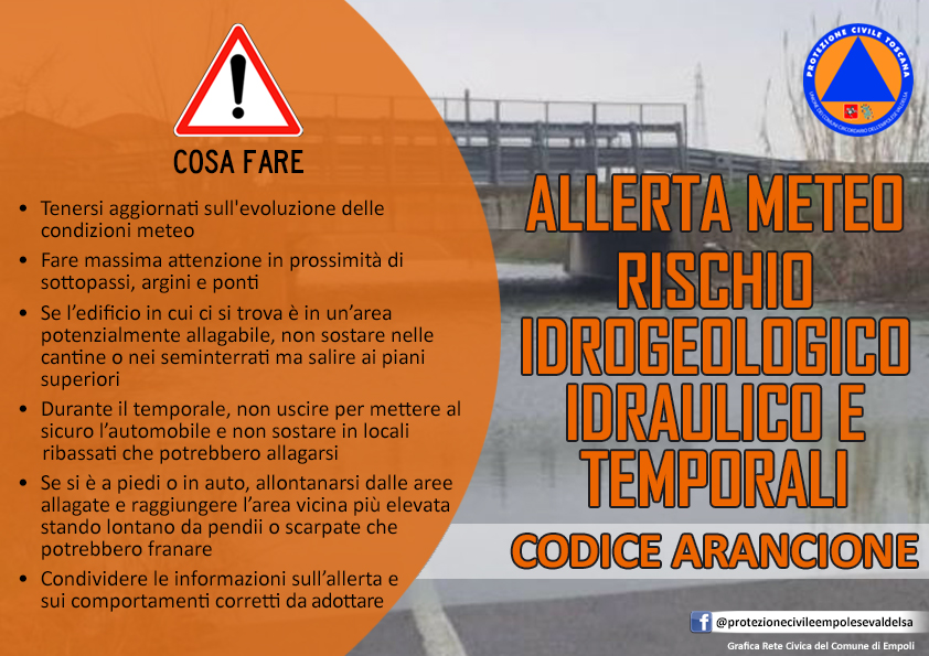 allerta meteo codice arancione per rischi idrogeologico-idraulico reticolo minore e temporali forti