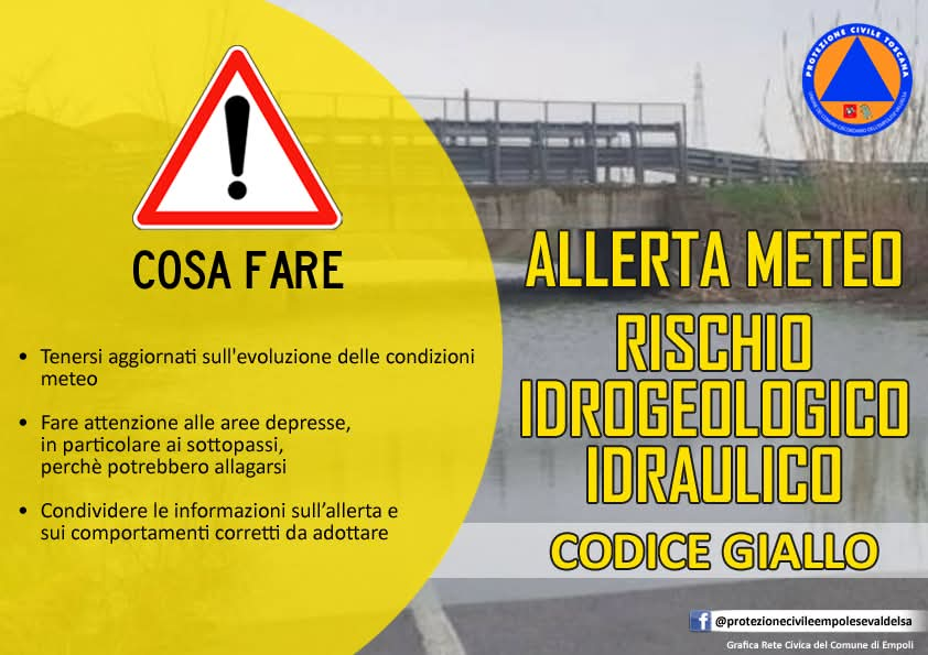 23 e 24 marzo 2025, allerta meteo codice giallo per rischio idrogeologico-idraulico reticolo minore